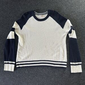 Faherty Organic Cotton Cashmere Waffle Knit Raglan Sweater Navy Cream Womens L